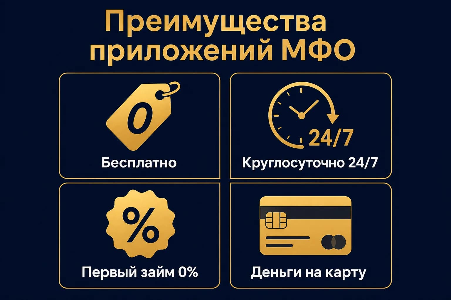 Преимущества приложений МФО: бесплатно, круглосуточно 24/7, первый займ под 0%, деньги на карту